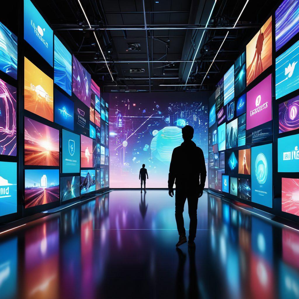 A futuristic landscape depicting a digital world filled with holographic screens displaying various tech trends in content creation, such as AI tools, social media icons, and creative designs. A silhouette of a person navigating through this vibrant and dynamic environment, with digital pathways leading to different content creation platforms. The scene is vibrant and colorful, capturing the essence of innovation and technology. super-realistic. vibrant colors. 3D.