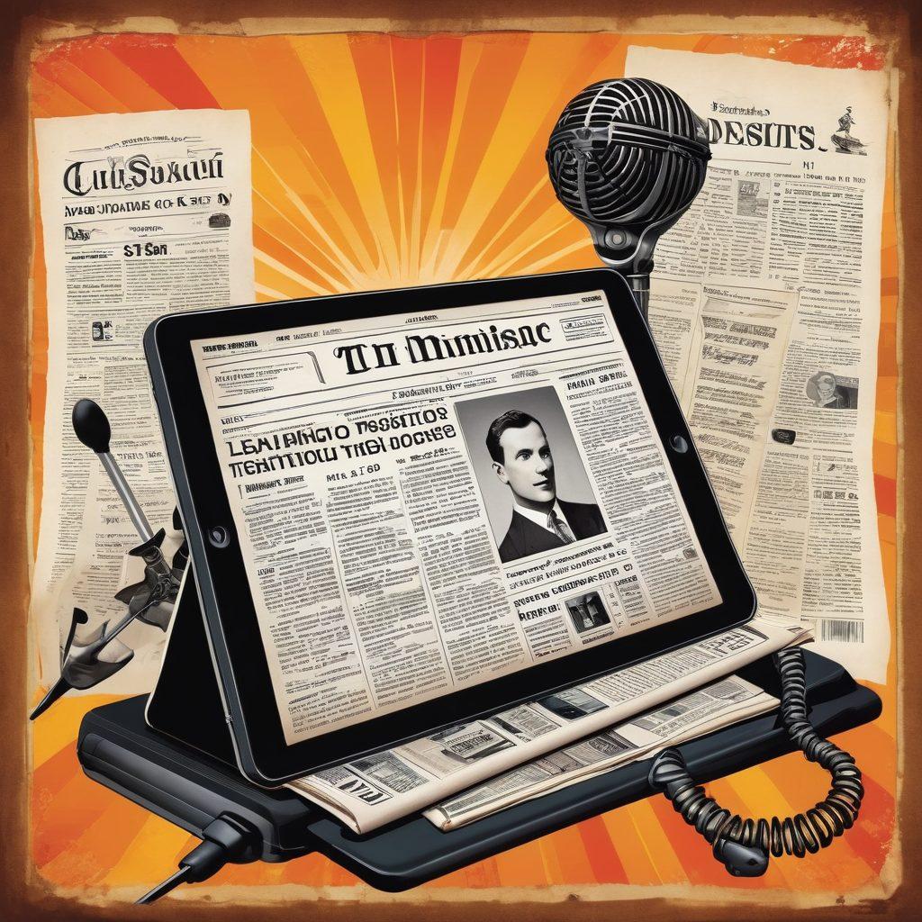 A dynamic collage illustrating the transformation of journalism, featuring an old-fashioned print newspaper evolving into a sleek digital tablet displaying live news broadcasts. In the background, symbols of social media icons and a vintage microphone represent different broadcasting mediums. The image conveys a sense of movement and innovation, blending past and present seamlessly. vibrant colors. vector art. futuristic style.