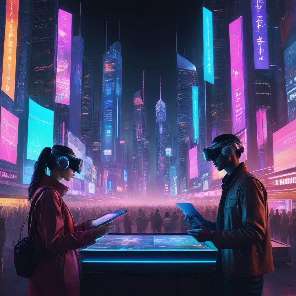 A futuristic digital landscape featuring a blend of technology and storytelling elements: holographic books, virtual reality headsets, and screens displaying news articles, all set against a backdrop of a glowing city skyline. Incorporate diverse characters engaging with digital content. The atmosphere should be vibrant and dynamic, illustrating innovation in journalism. super-realistic. vibrant colors. cyberpunk.